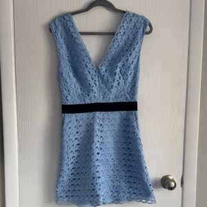 Women’s Light Blue Lace V-Neck Romper with Black Waistband